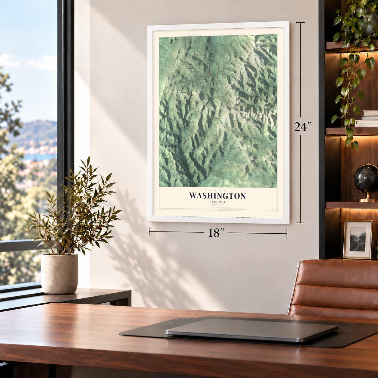 Washington, Vermont map, 18 x 24 inch print in a white frame in a home office