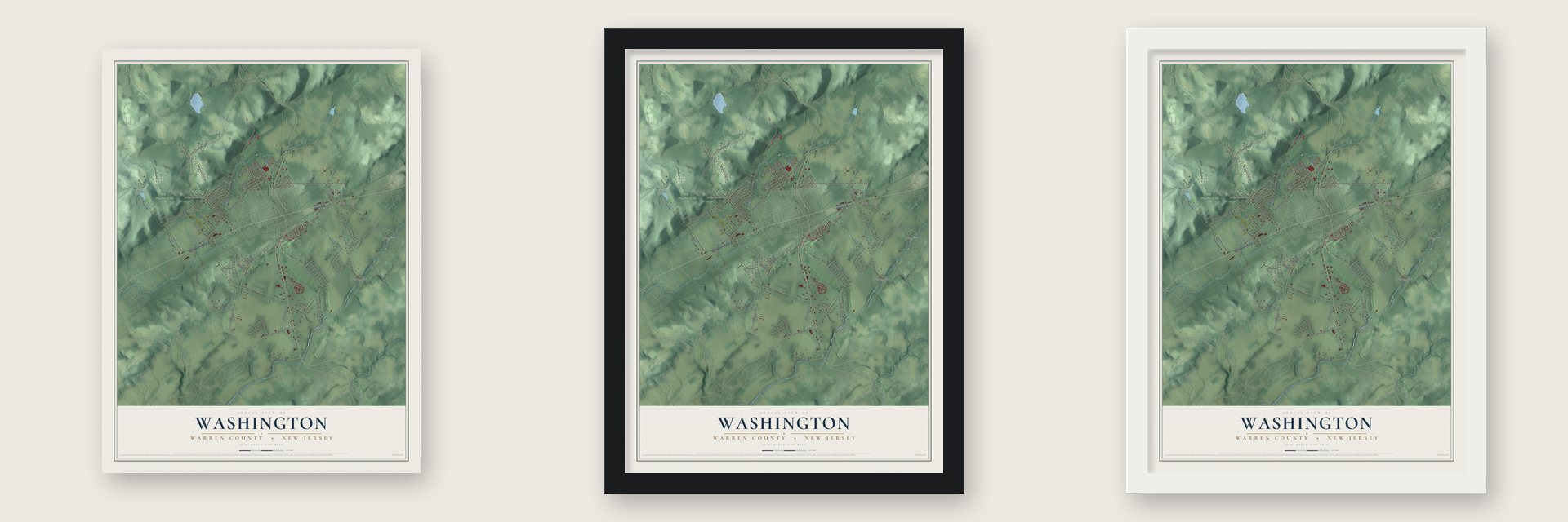 Washington, Warren County, New Jersey map unframed, in a black wood frame and in a white wood frame