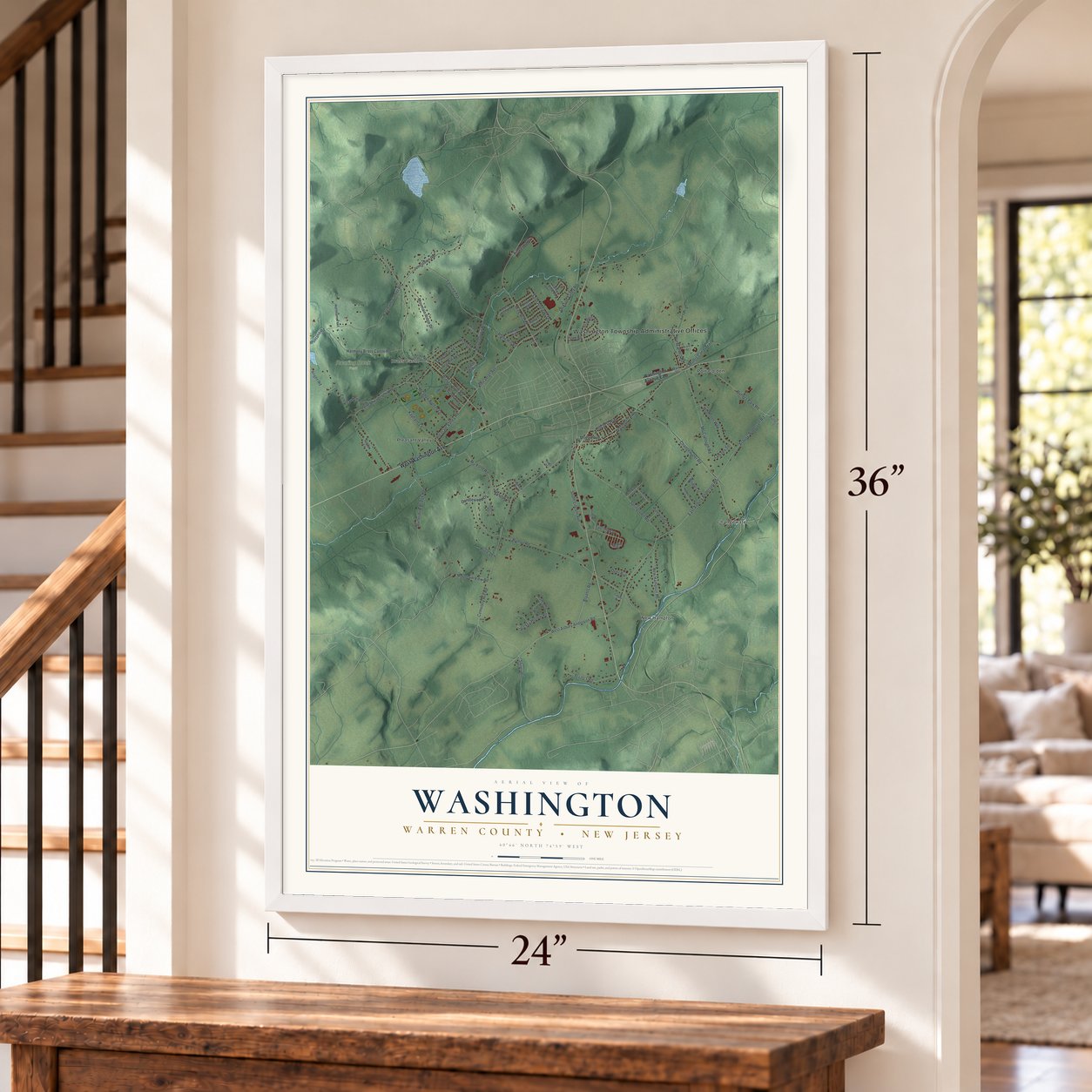 Washington, Warren County, New Jersey map, 24 x 36 inch print in a white frame by a staircase