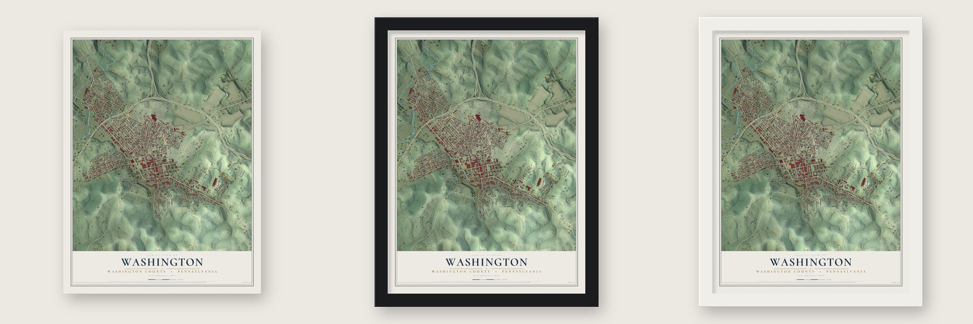 Washington, Washington County, Pennsylvania map unframed, in a black wood frame and in a white wood frame