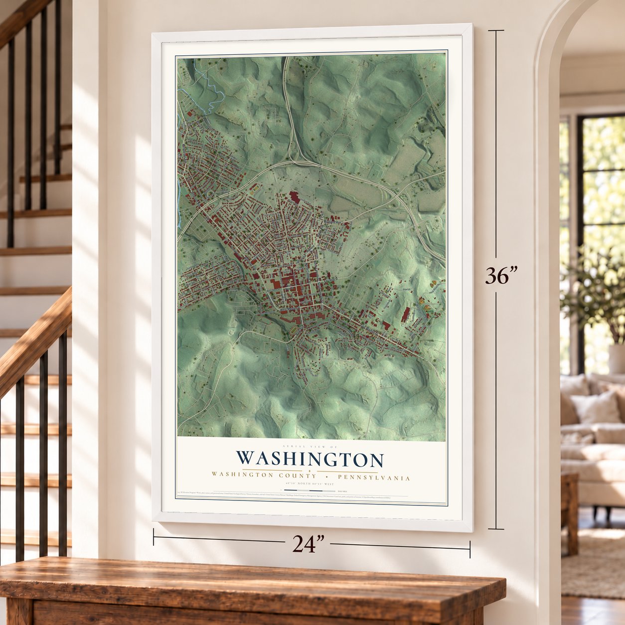 Washington, Washington County, Pennsylvania map, 24 x 36 inch print in a white frame by a staircase
