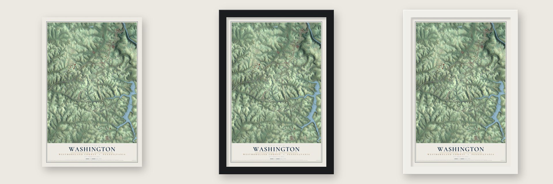Washington, Westmoreland County, Pennsylvania map unframed, in a black wood frame and in a white wood frame