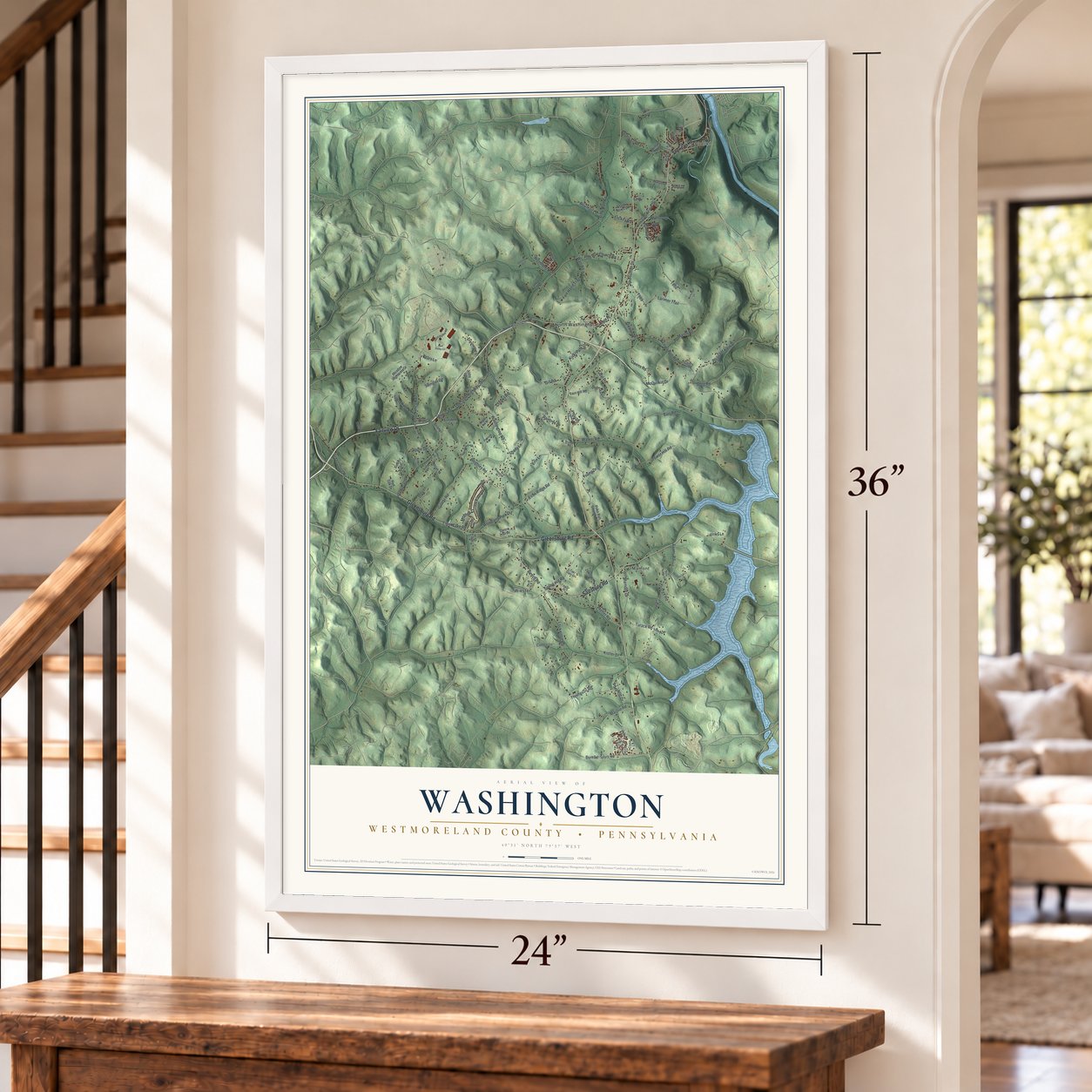 Washington, Westmoreland County, Pennsylvania map, 24 x 36 inch print in a white frame by a staircase