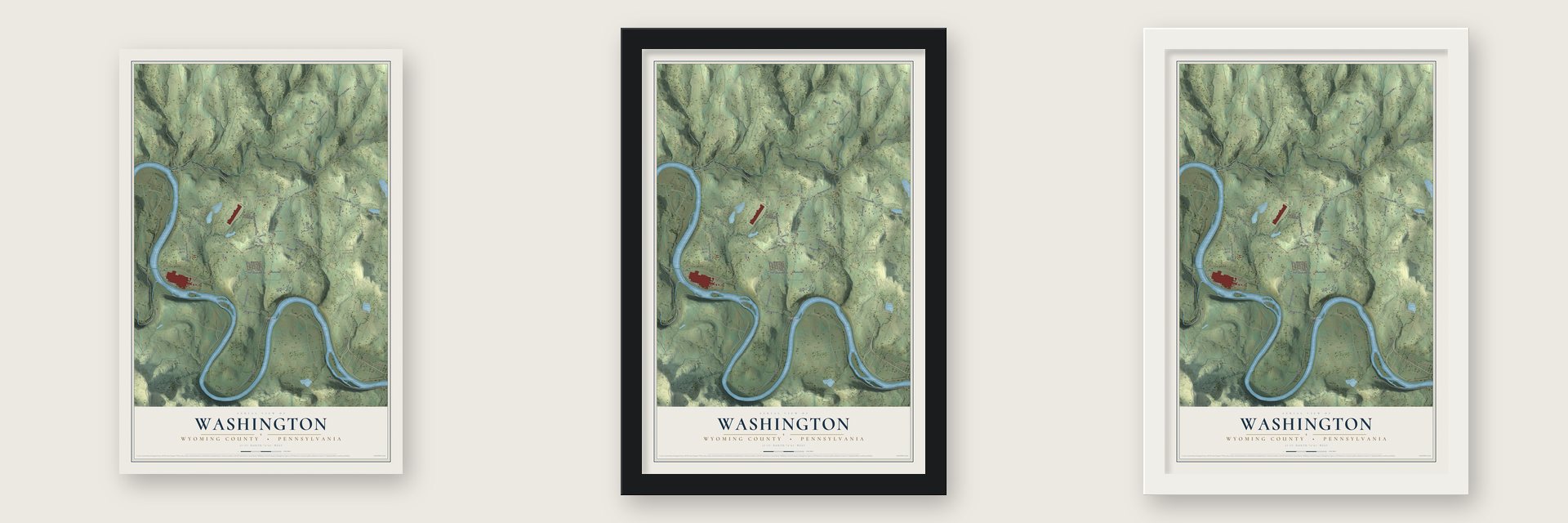 Washington, Wyoming County, Pennsylvania map unframed, in a black wood frame and in a white wood frame