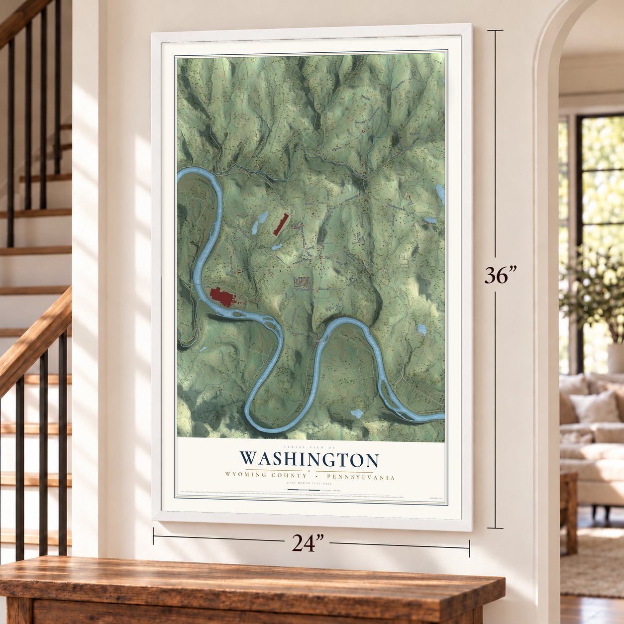 Washington, Wyoming County, Pennsylvania map, 24 x 36 inch print in a white frame by a staircase
