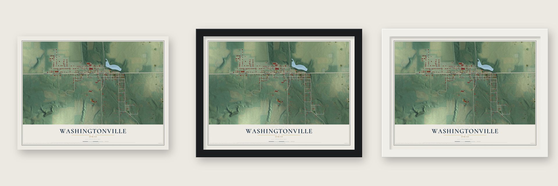Washingtonville, Ohio map unframed, in a black wood frame and in a white wood frame