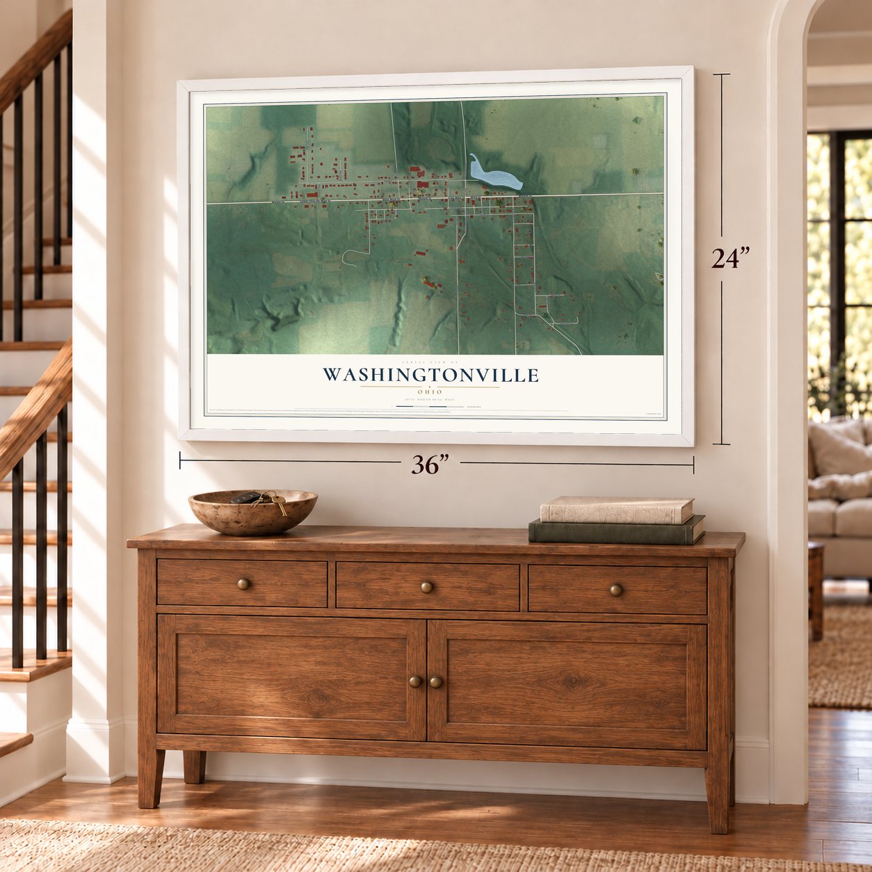 Washingtonville, Ohio map, 24 x 36 inch print in a white frame above a dresser by a staircase