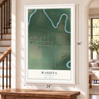 Washita, Oklahoma map, 24 x 36 inch print in a white frame by a staircase