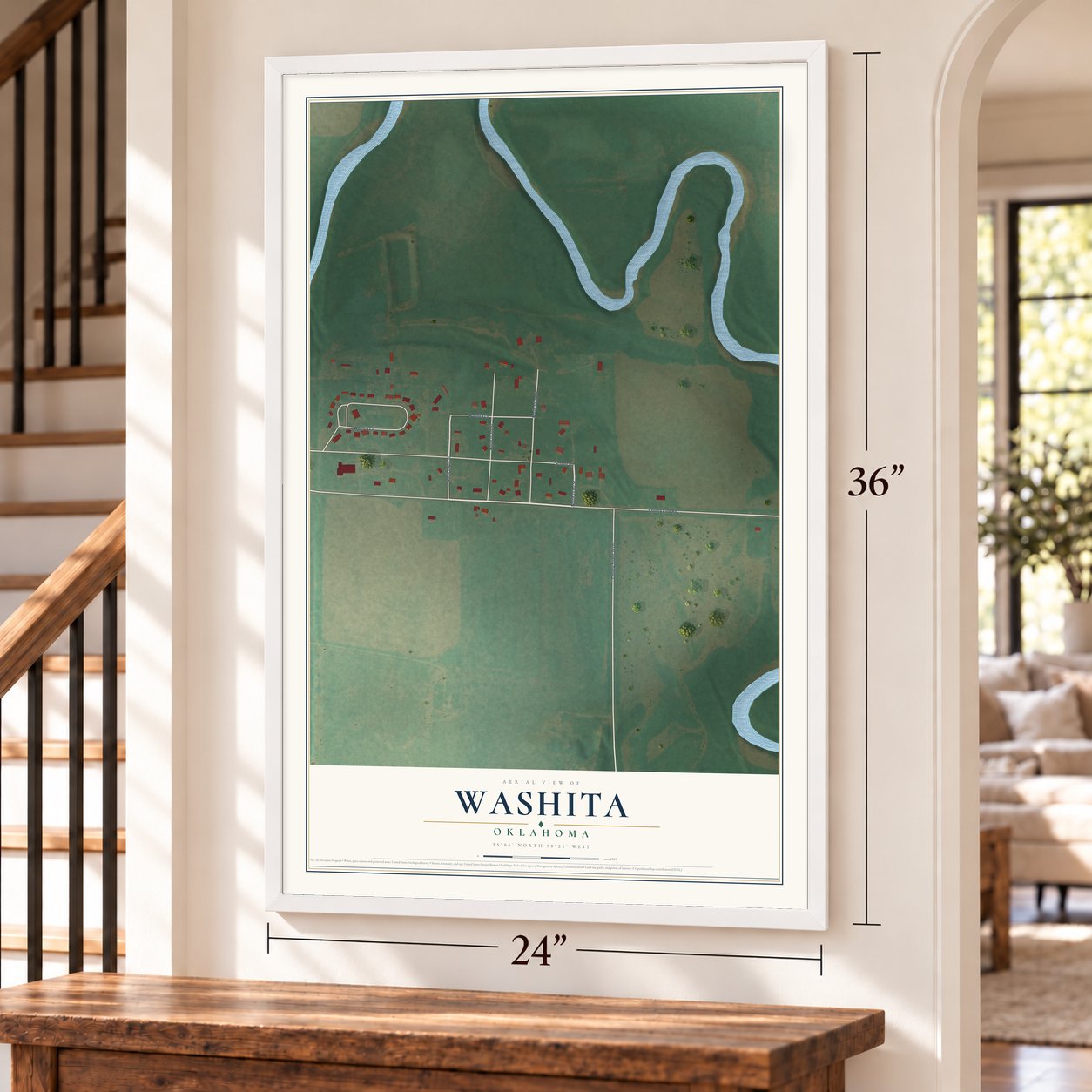 Washita, Oklahoma map, 24 x 36 inch print in a white frame by a staircase