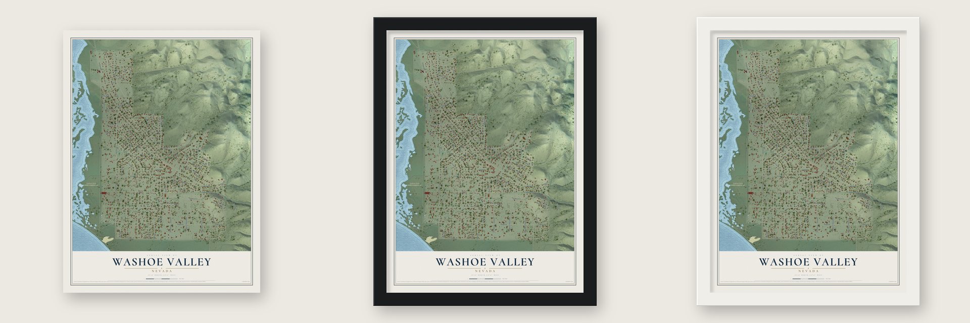Washoe Valley, Nevada map unframed, in a black wood frame and in a white wood frame