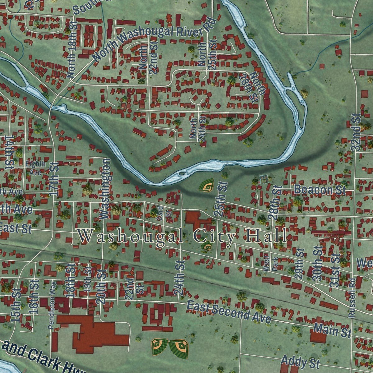 Second close-up of the map of Washougal, Washington print showing more streets and buildings