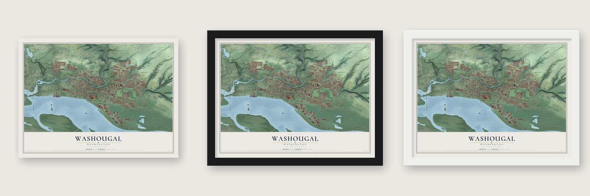 Washougal, Washington map unframed, in a black wood frame and in a white wood frame