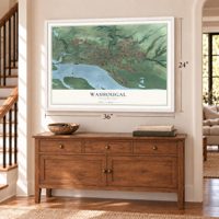 Washougal, Washington map, 24 x 36 inch print in a white frame above a dresser by a staircase