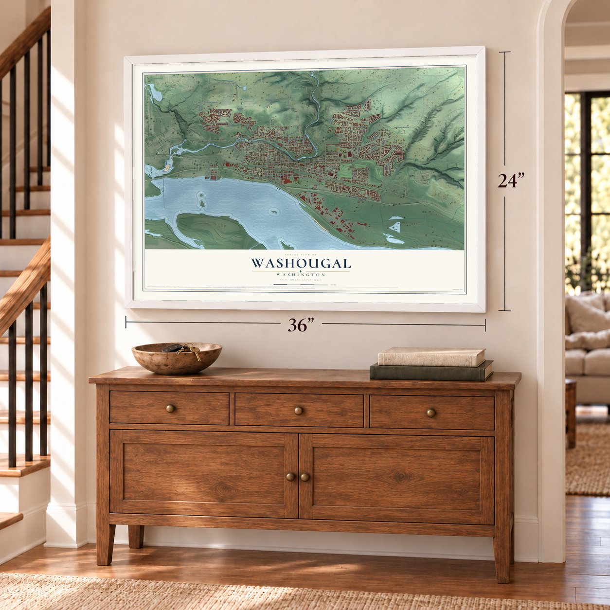 Washougal, Washington map, 24 x 36 inch print in a white frame above a dresser by a staircase