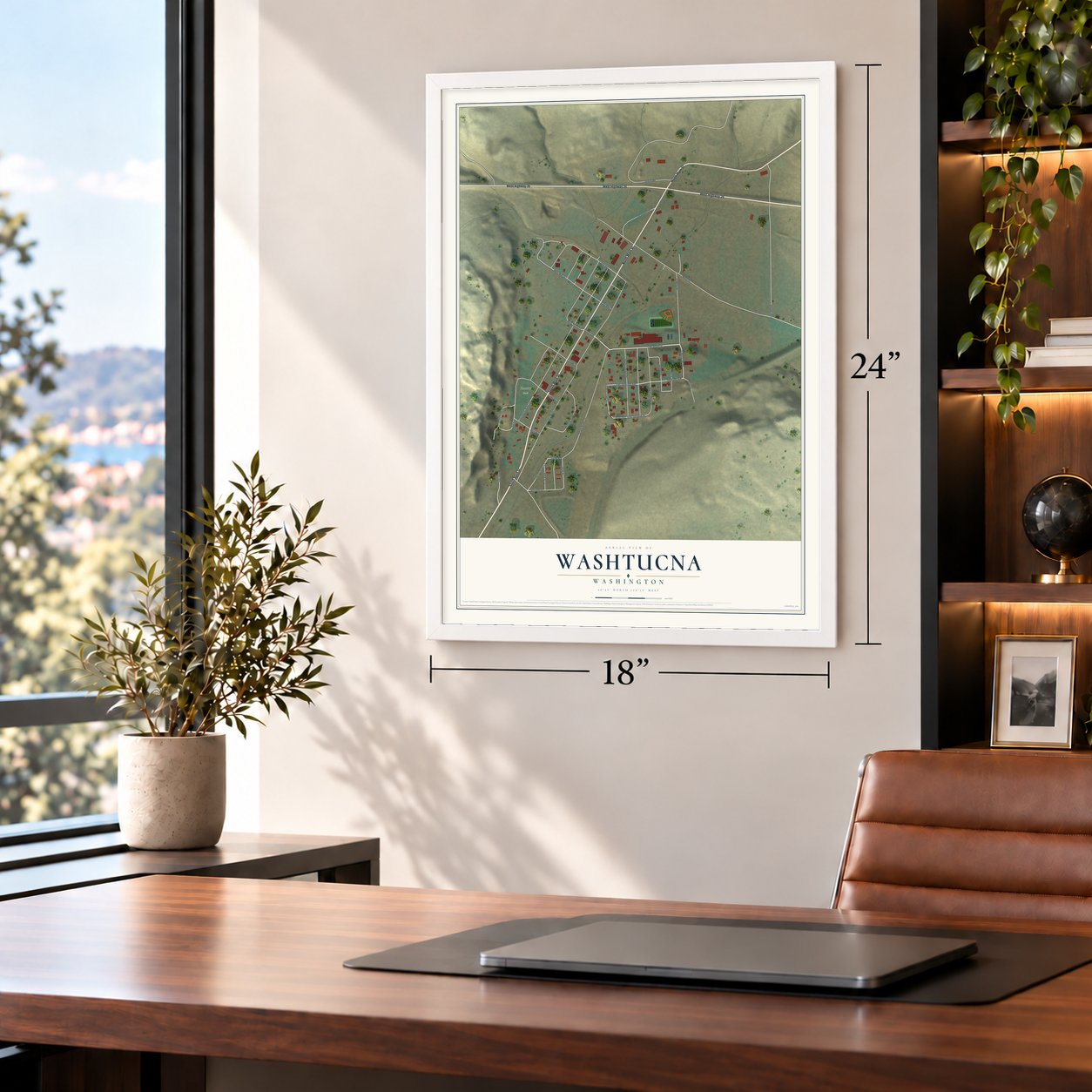 Washtucna, Washington map, 18 x 24 inch print in a white frame in a home office