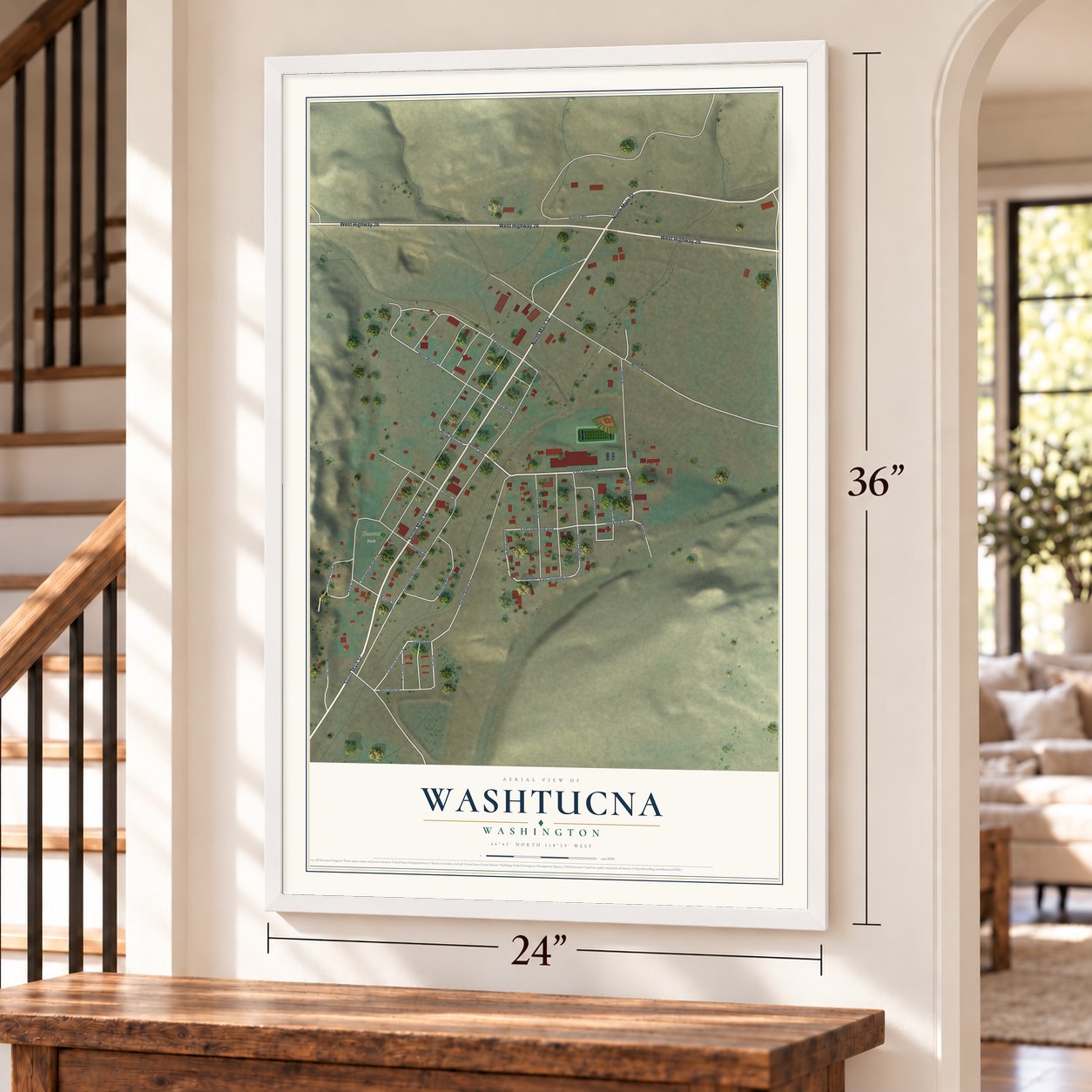 Washtucna, Washington map, 24 x 36 inch print in a white frame by a staircase