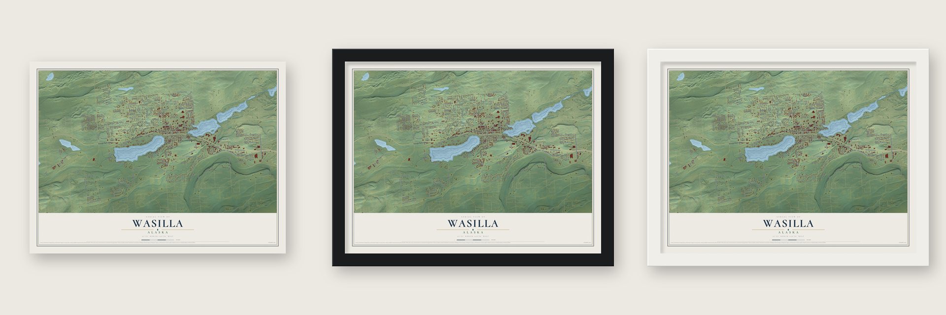 Wasilla, Alaska map unframed, in a black wood frame and in a white wood frame