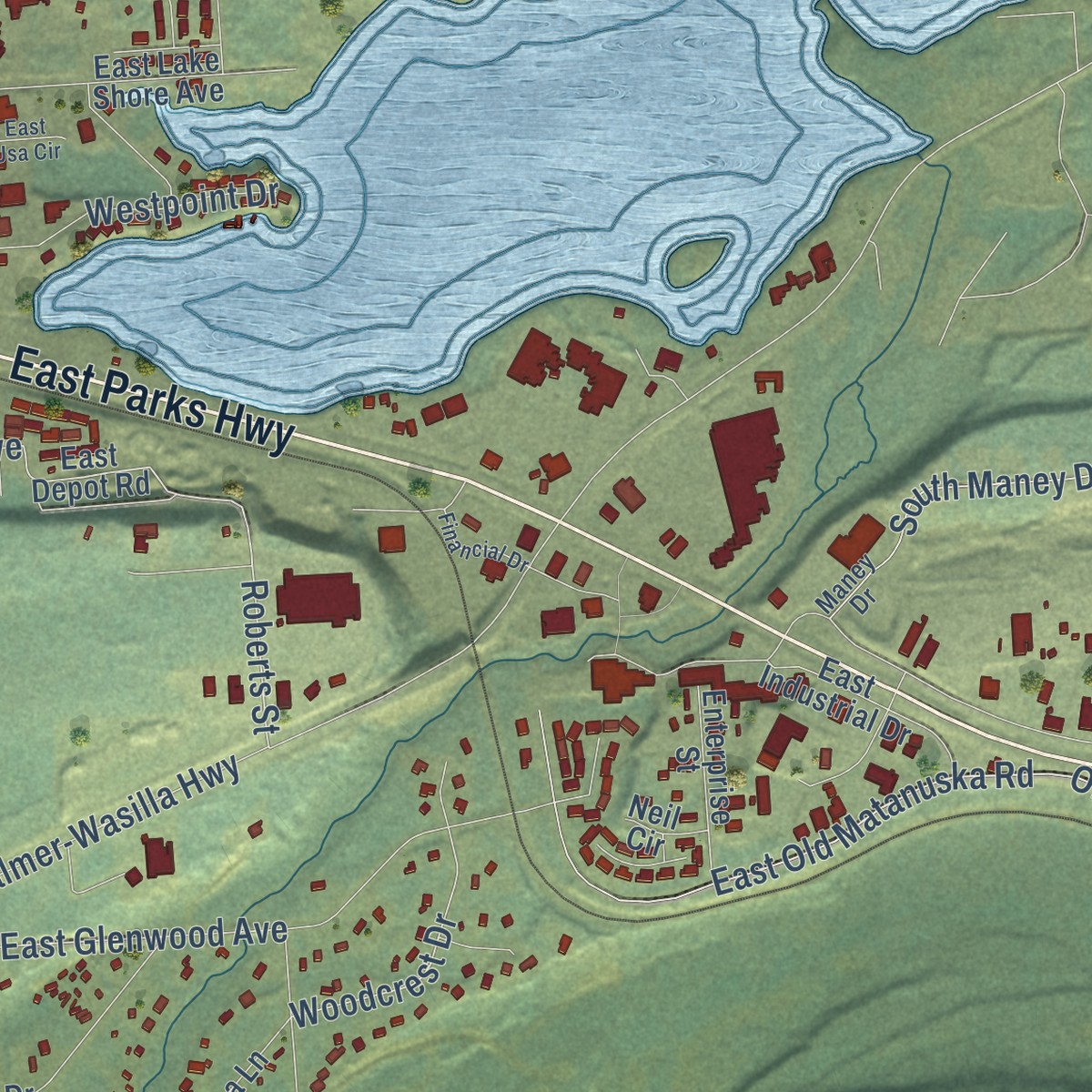 Second close-up of the map of Wasilla, Alaska print showing more streets and buildings