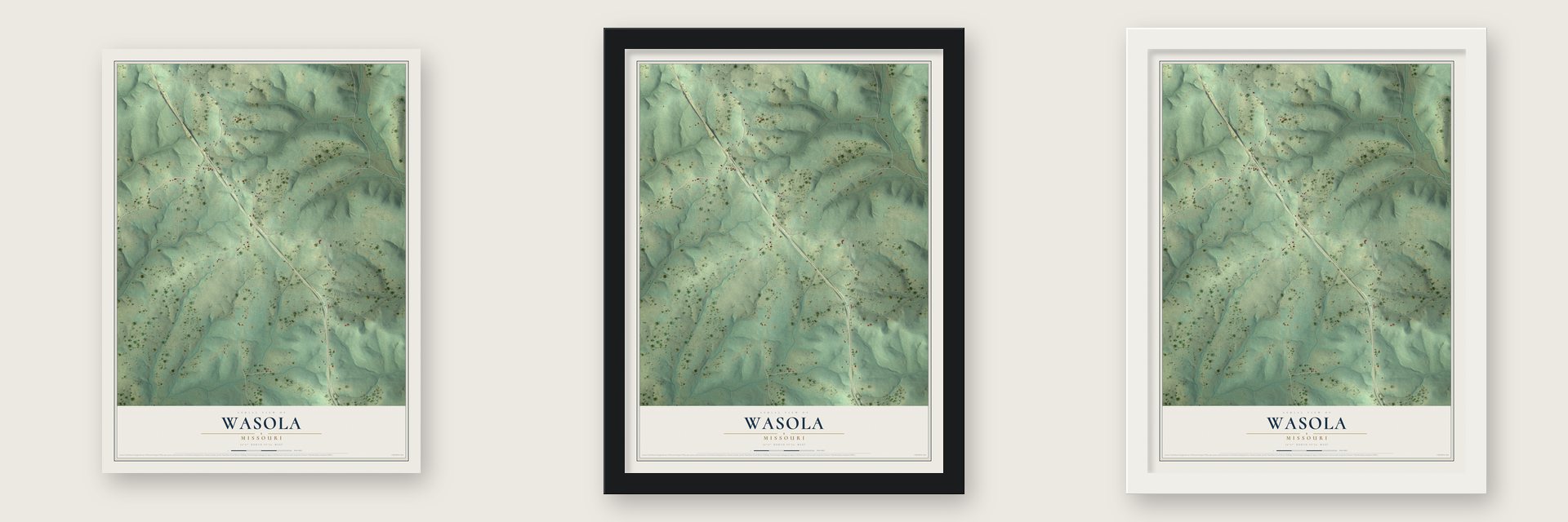 Wasola, Missouri map unframed, in a black wood frame and in a white wood frame