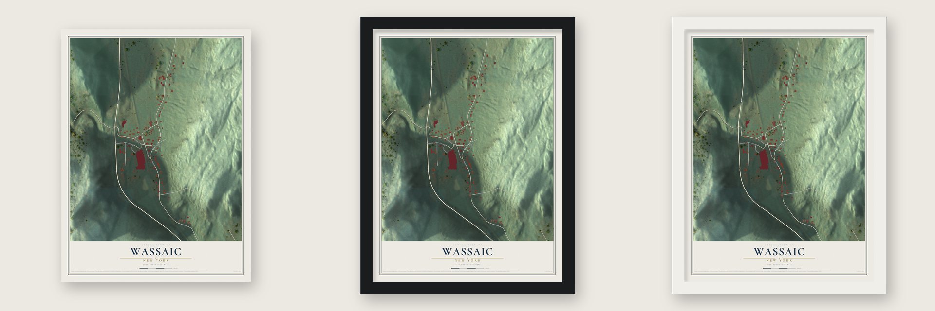 Wassaic, New York map unframed, in a black wood frame and in a white wood frame
