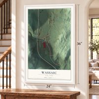 Wassaic, New York map, 24 x 36 inch print in a white frame by a staircase