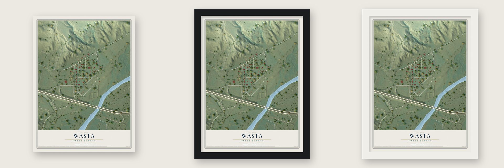 Wasta, South Dakota map unframed, in a black wood frame and in a white wood frame