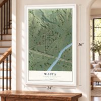 Wasta, South Dakota map, 24 x 36 inch print in a white frame by a staircase