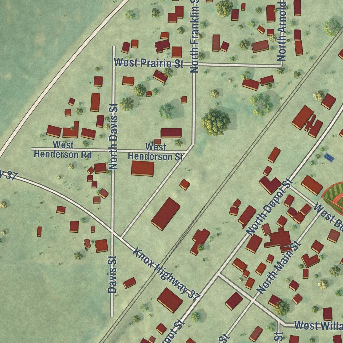 Second close-up of the map of Wataga, Illinois print showing more streets and buildings