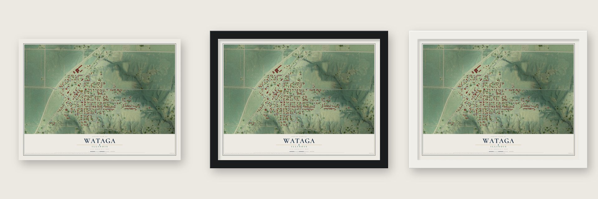 Wataga, Illinois map unframed, in a black wood frame and in a white wood frame