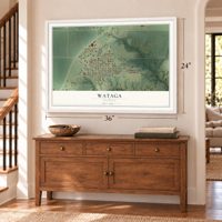Wataga, Illinois map, 24 x 36 inch print in a white frame above a dresser by a staircase
