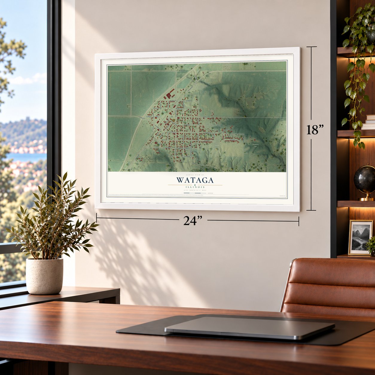 Wataga, Illinois map, 18 x 24 inch print in a white frame in a home office