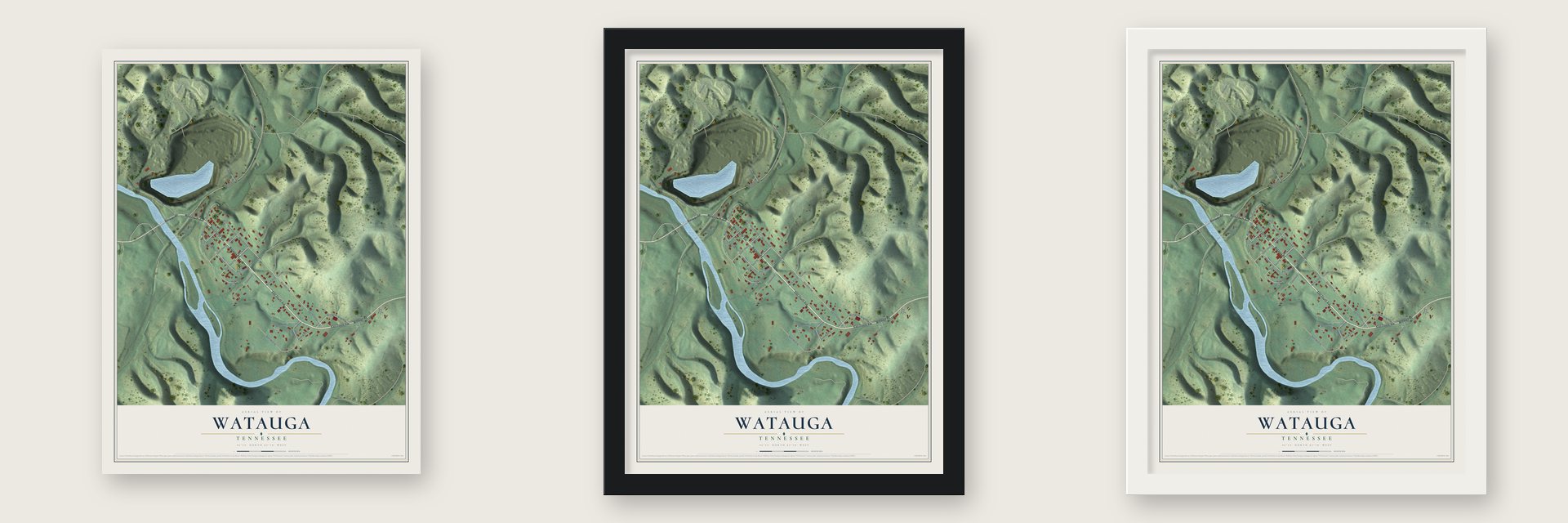 Watauga, Tennessee map unframed, in a black wood frame and in a white wood frame