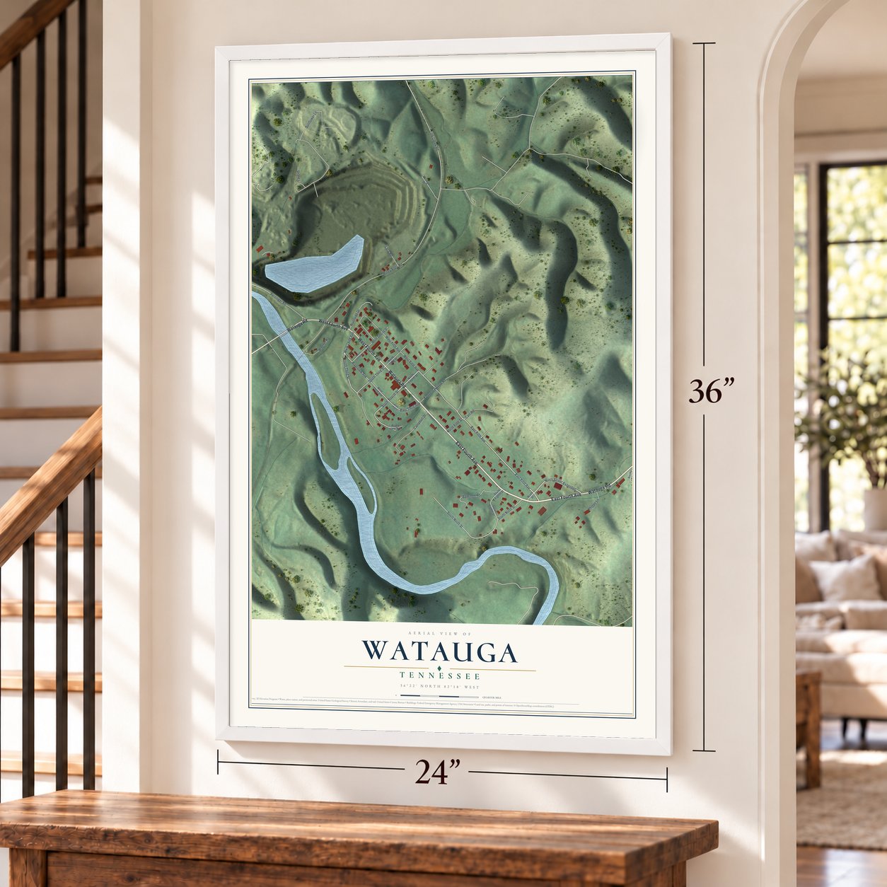 Watauga, Tennessee map, 24 x 36 inch print in a white frame by a staircase