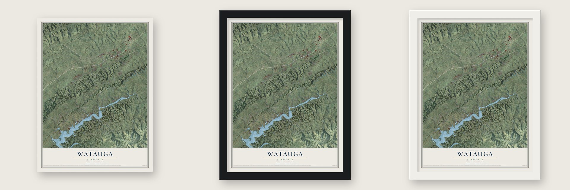 Watauga, Virginia map unframed, in a black wood frame and in a white wood frame