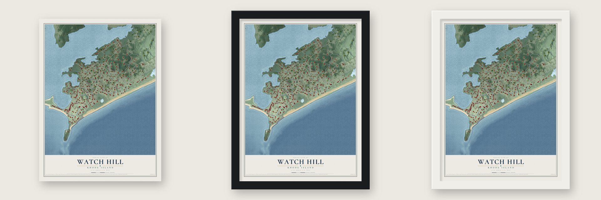 Watch Hill, Rhode Island map unframed, in a black wood frame and in a white wood frame