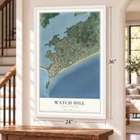 Watch Hill, Rhode Island map, 24 x 36 inch print in a white frame by a staircase