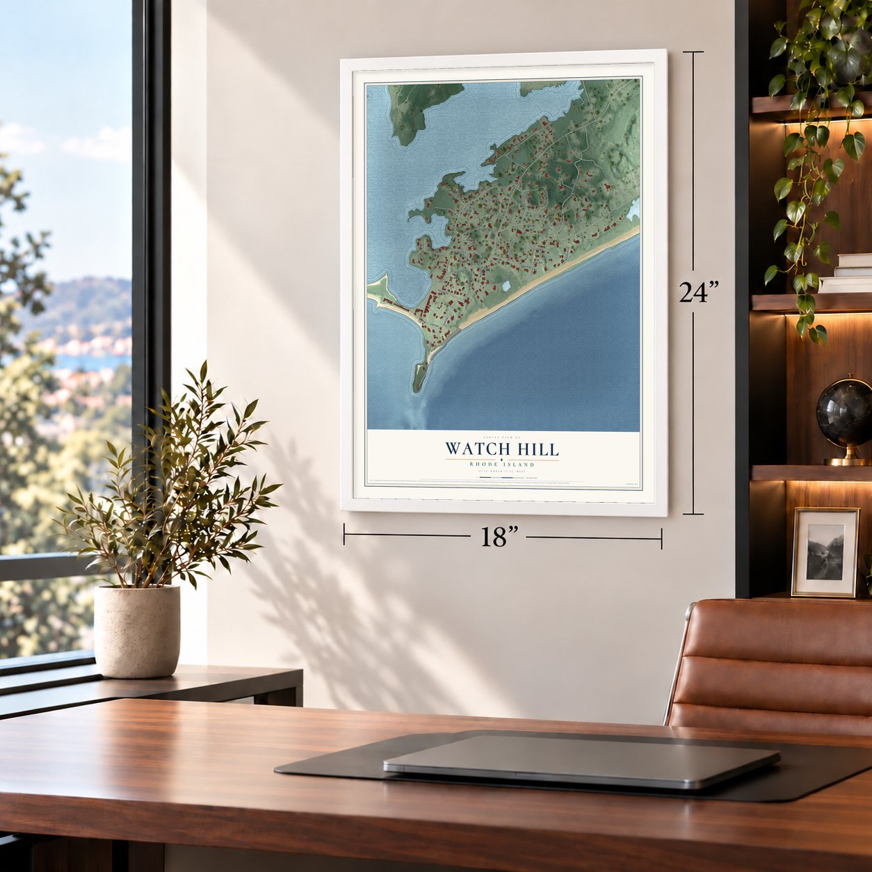 Watch Hill, Rhode Island map, 18 x 24 inch print in a white frame in a home office