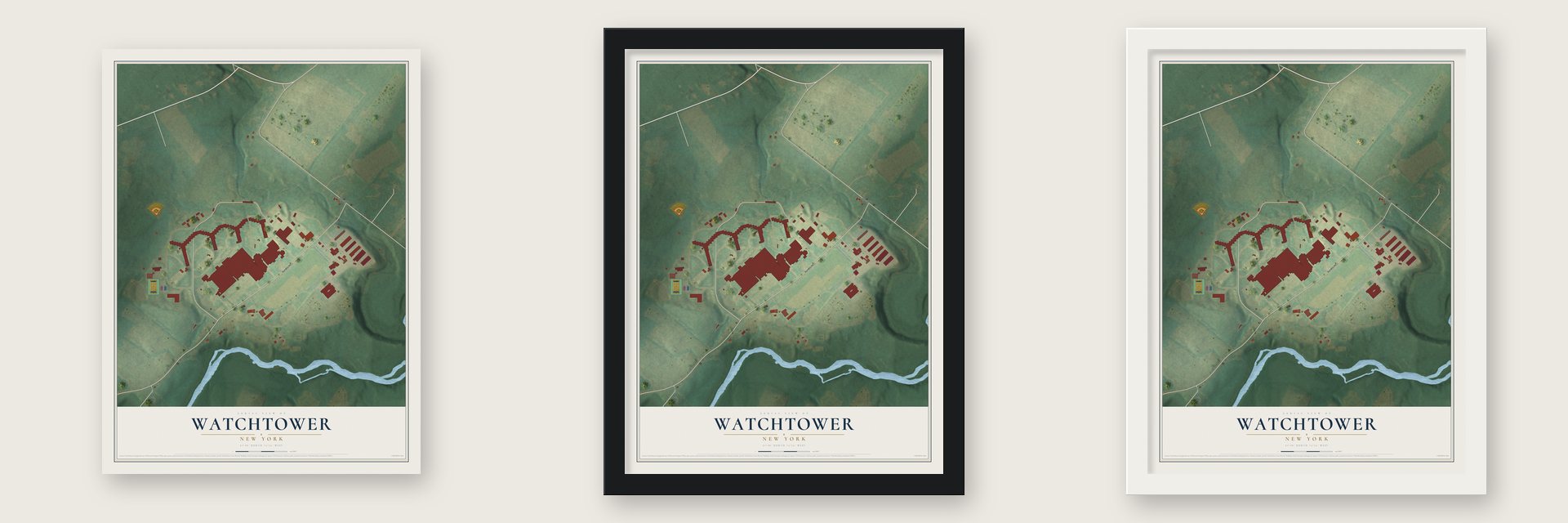 Watchtower, New York map unframed, in a black wood frame and in a white wood frame