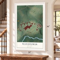 Watchtower, New York map, 24 x 36 inch print in a white frame by a staircase