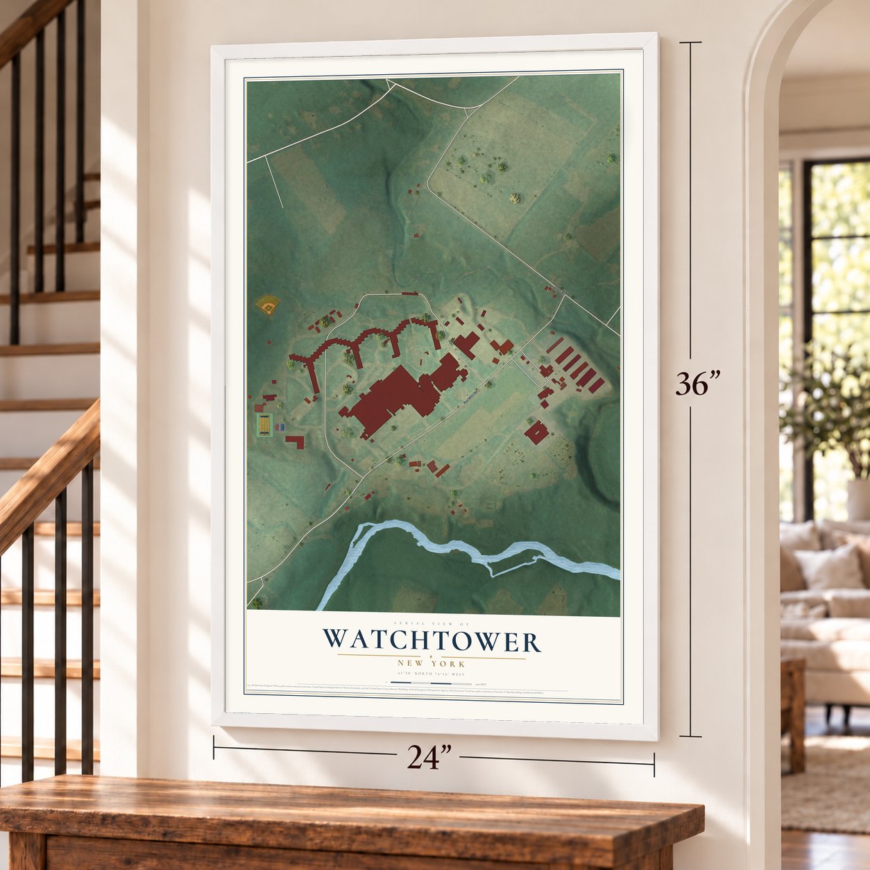 Watchtower, New York map, 24 x 36 inch print in a white frame by a staircase