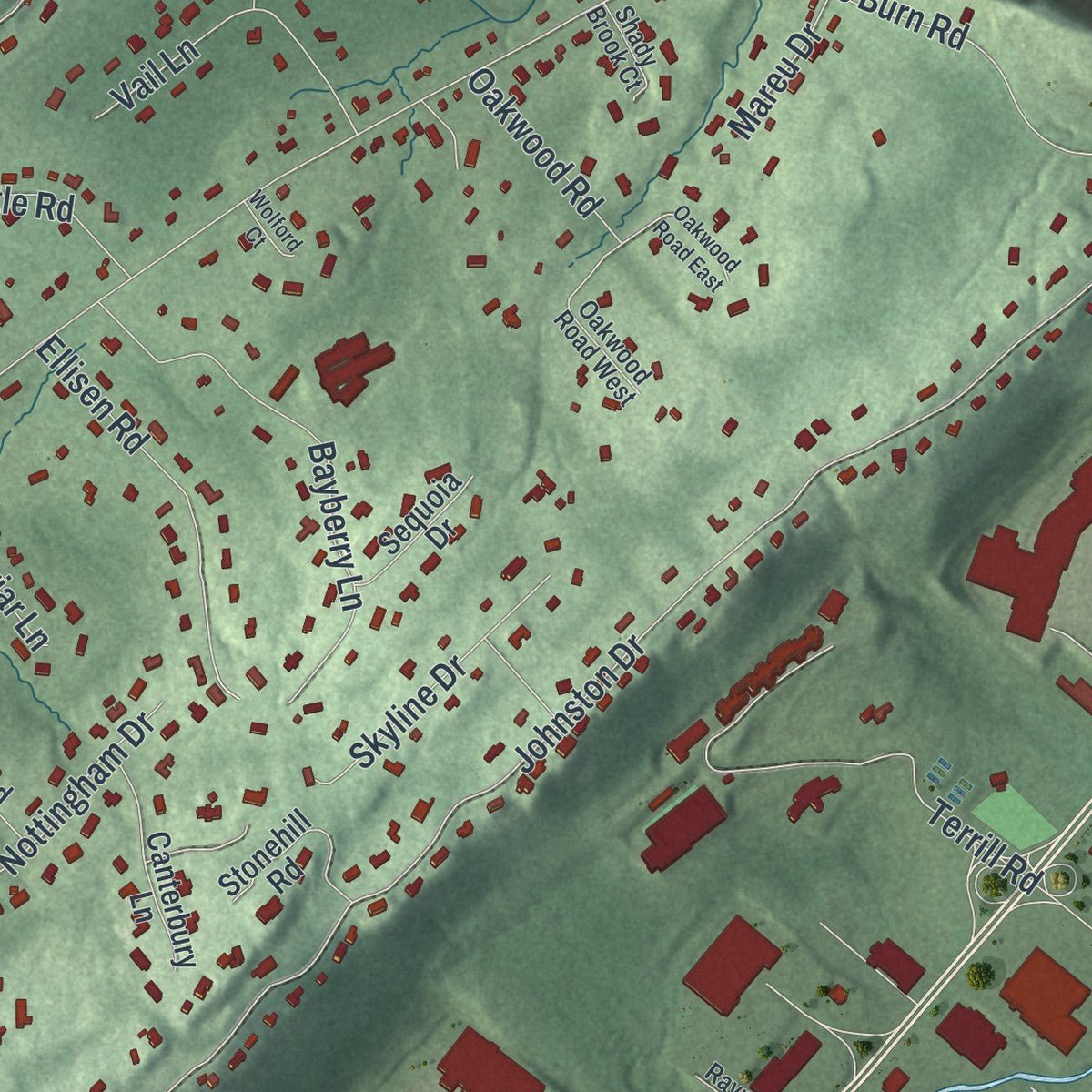 Second close-up of the map of Watchung, New Jersey print showing more streets and buildings