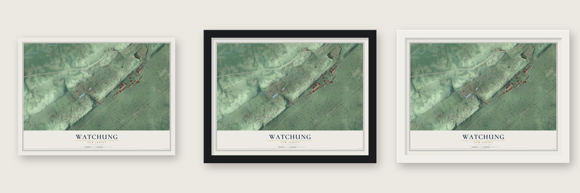 Watchung, New Jersey map unframed, in a black wood frame and in a white wood frame