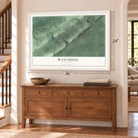 Watchung, New Jersey map, 24 x 36 inch print in a white frame above a dresser by a staircase