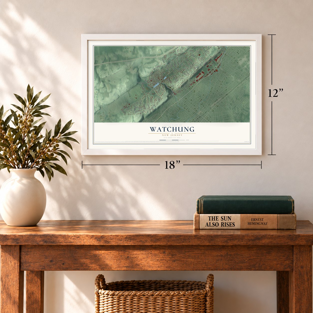 Watchung, New Jersey map, 12 x 18 inch print in a white frame in an entryway
