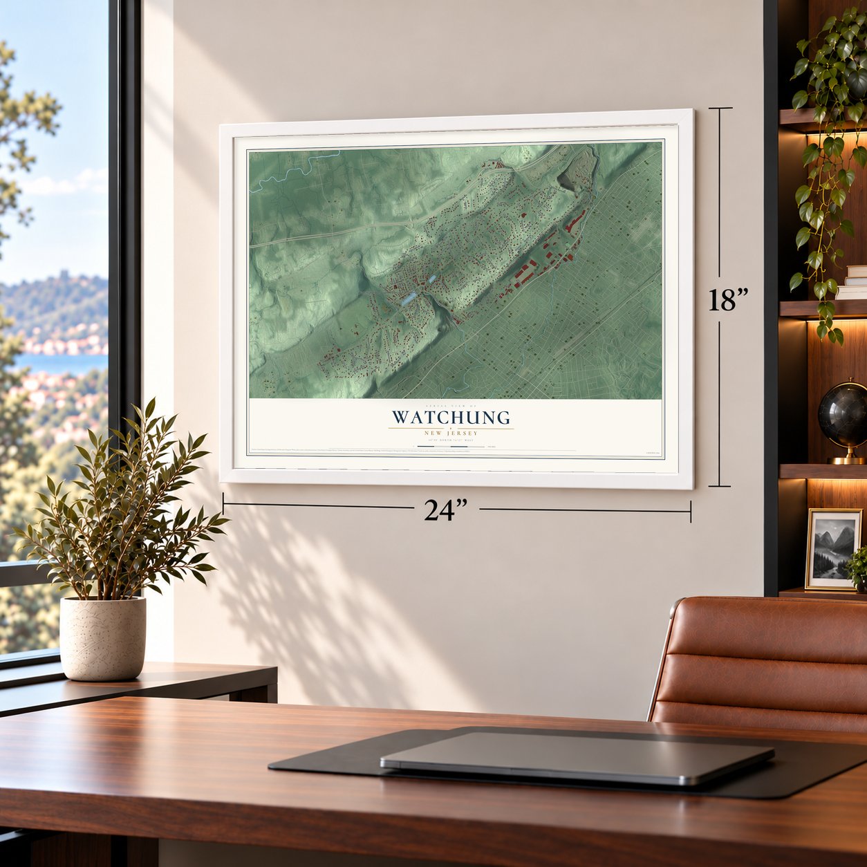 Watchung, New Jersey map, 18 x 24 inch print in a white frame in a home office