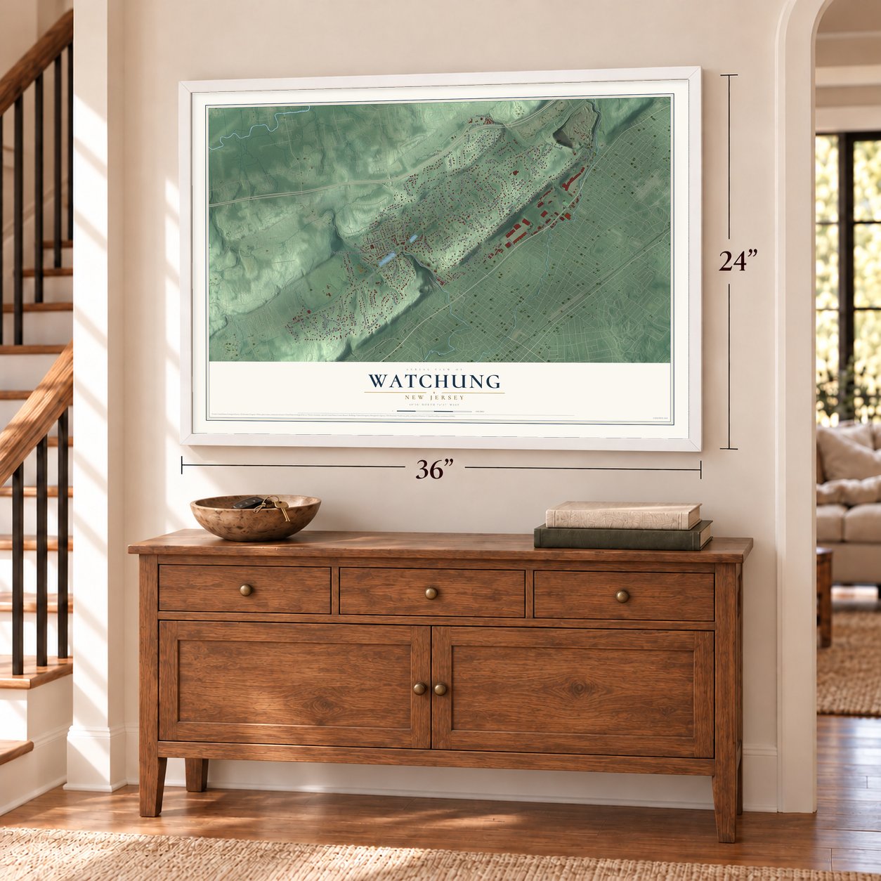 Watchung, New Jersey map, 24 x 36 inch print in a white frame above a dresser by a staircase
