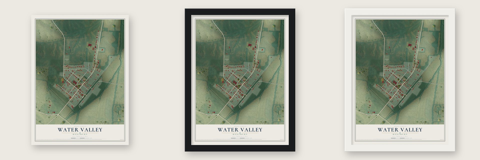 Water Valley, Kentucky map unframed, in a black wood frame and in a white wood frame