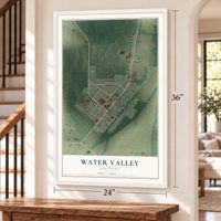 Water Valley, Kentucky map, 24 x 36 inch print in a white frame by a staircase