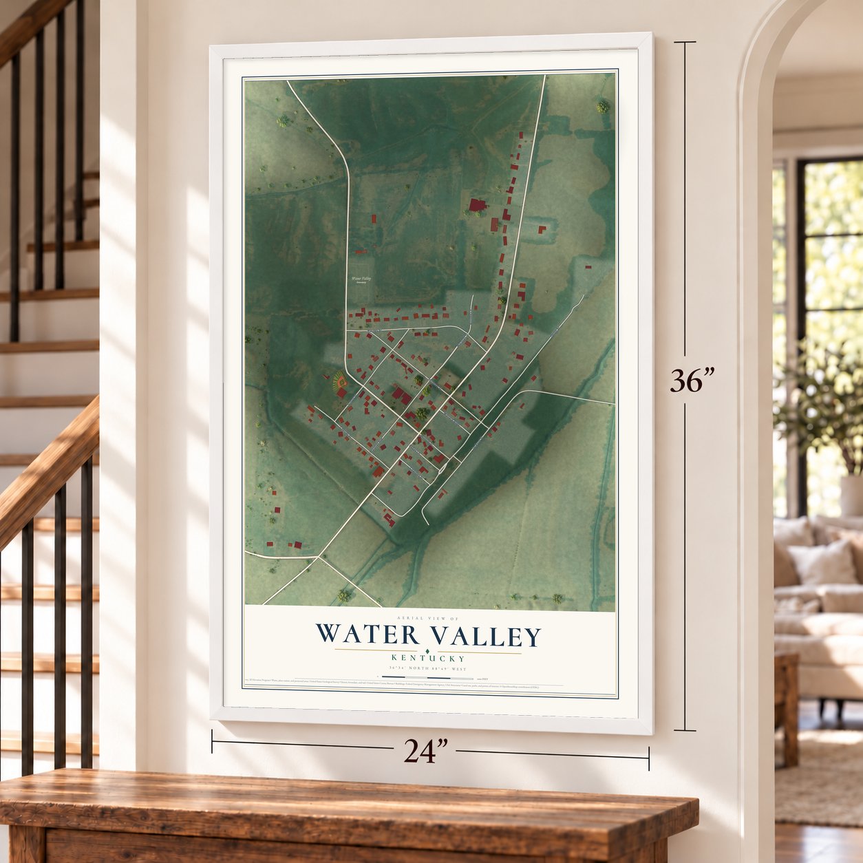 Water Valley, Kentucky map, 24 x 36 inch print in a white frame by a staircase