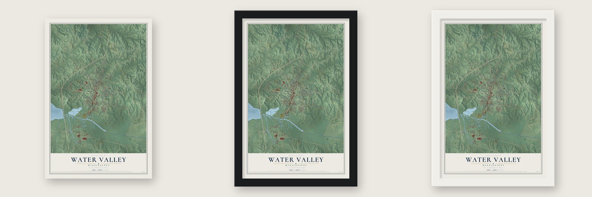 Water Valley, Mississippi map unframed, in a black wood frame and in a white wood frame